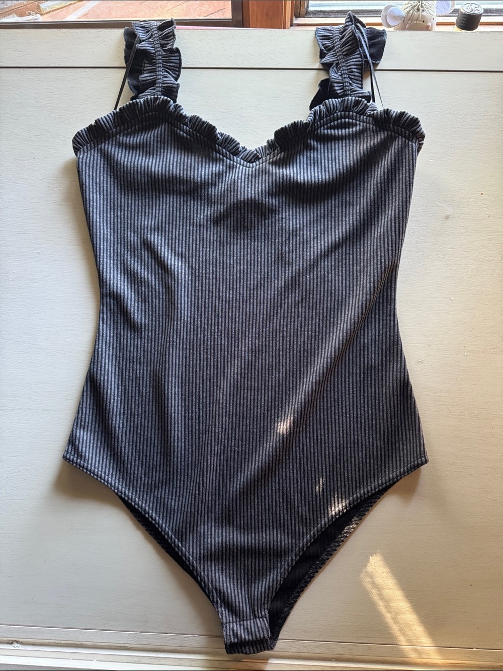 Gilli Black Ribbed Bodysuit with Ruffle Straps